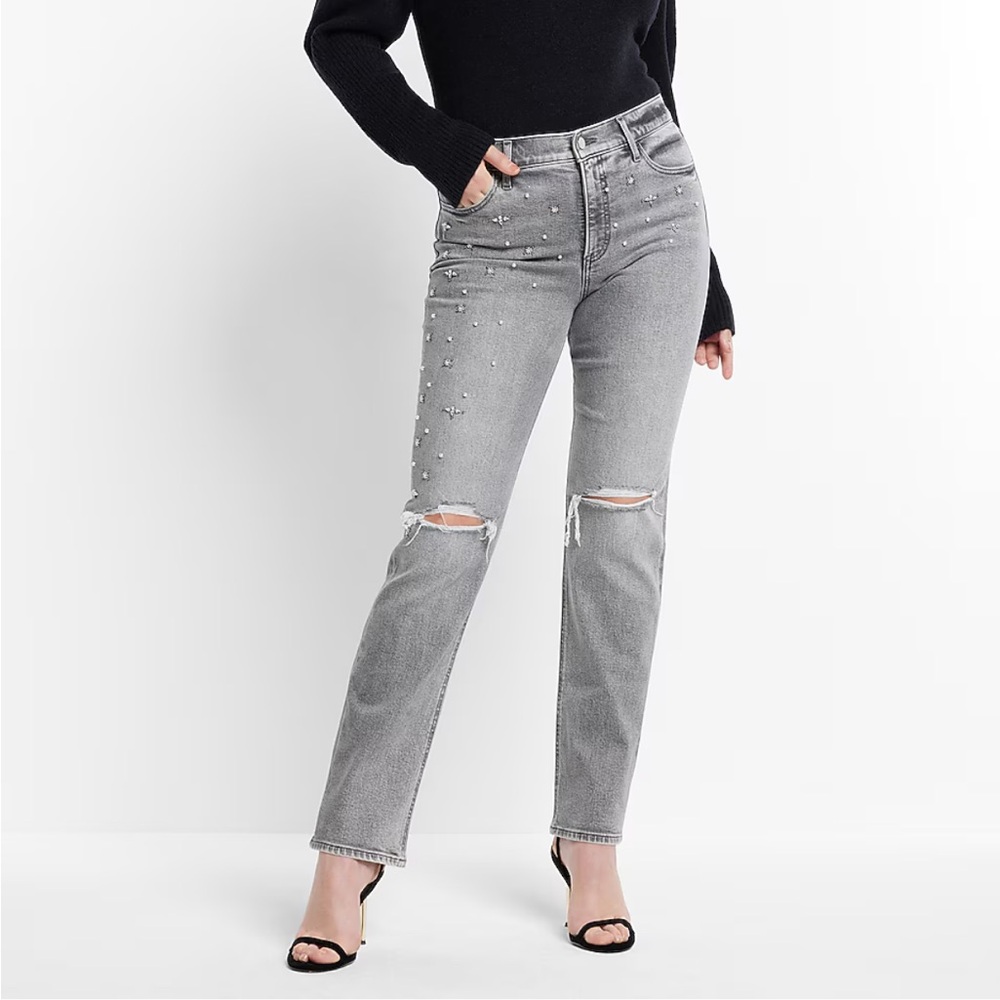 Express High Waisted Ripped Pearl Embellishment Modern Straight Jeans